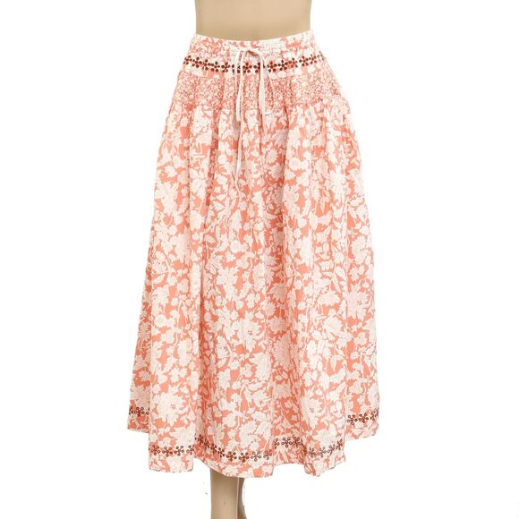 Free People Gesibelle Printed Midi Skirt Eyelet Embroidered Cotton L New 280384 - Picture 4 of 8